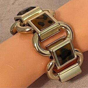 Vintage Chunky Gold Tone and Animal Print Lucite Chain Linked Panel Bracelet